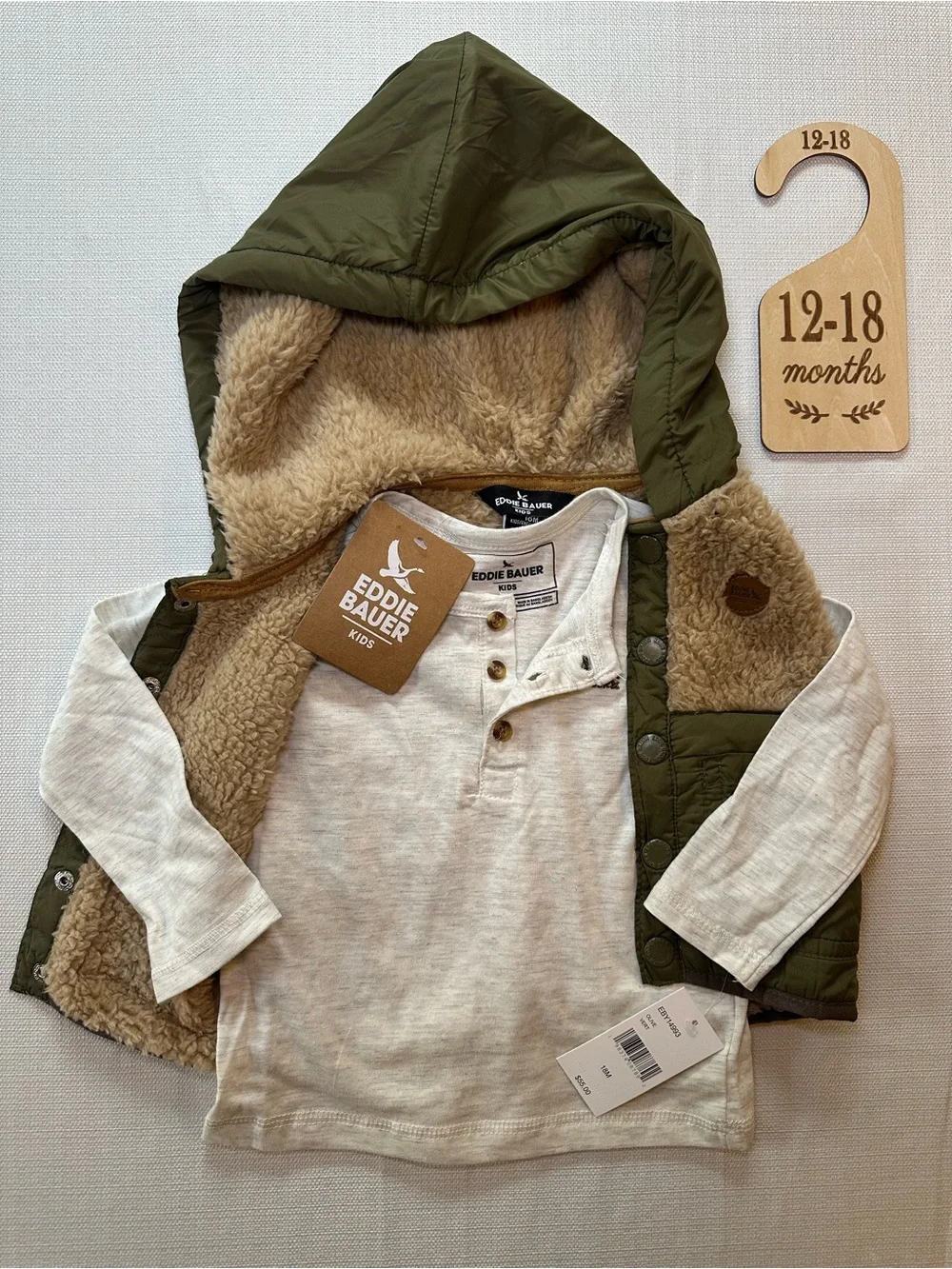 Eddie Bauer Kids Olive Green Hooded Vest & Heathered Henley Set 18M NWT